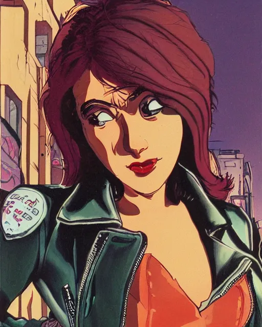 Image similar to portrait of an attractive young female protagonist wearing leather jacket, center focus, in city street, detailed artwork by ralph bakshi