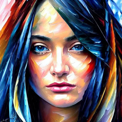 Prompt: highly detailed portrait of beautiful young woman, in the rain, highly detailed, painting, dark blue and black color palette, intricate, high quality oil painting artstyle, in the style of leonid afremov, deviantart, figurative art, deviantart, ilya kuvshinov, lovecraftian, very detailed face, portrait