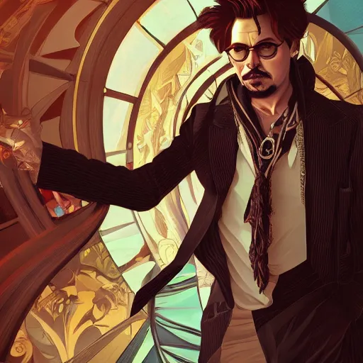 Image similar to Johnny Depp as Tony Stark, ambient lighting, 4k, alphonse mucha, lois van baarle, ilya kuvshinov, rossdraws, artstation