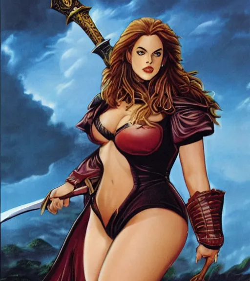 Image similar to 1 9 8 0 s fantasy novel book cover, bbw plus size amazonian elizabeth gillies in extremely tight bikini armor wielding a cartoonishly large sword, exaggerated body features, dark and smoky background, low quality print