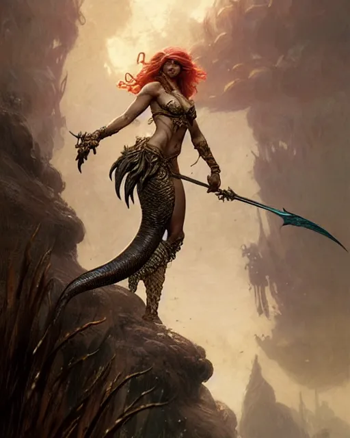 Image similar to a fierce mermaid warrior, fantasy character portrait, ultra realistic, concept art, intricate details, highly detailed by greg rutkowski, gaston bussiere, craig mullins, simon bisley