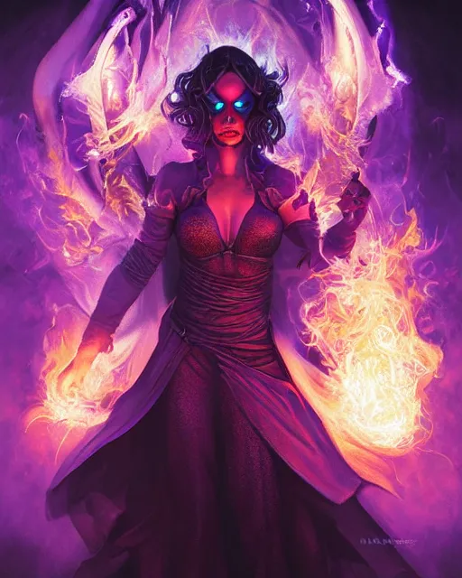 Image similar to pyromancer beauty cover in purple flames, deep pyro colors, purple laser lighting, award winning photograph, radiant flares, realism, lens flare, intricate, various refining methods, micro macro autofocus, evil realm magic painting vibes, hyperrealistic painting by michael komarck - daniel dos santos