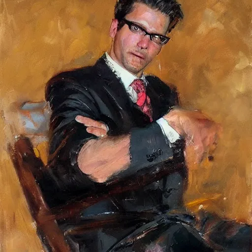 Prompt: portrait of a calico cat sitting on the lap of a man wearing a suit, rob rey, giuseppe dangelico pino, michael garmash, highly detailed, masterpiece