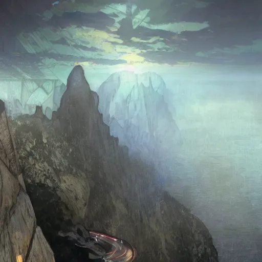 Image similar to hyperrealist portrait of a vast cliff face with one enormous futuristic building jutting out with a bridge to it and suspension cables, over a masive river valley at night by jeremy mann and alphonse mucha and alan lee, fantasy art, photo realistic, dynamic lighting, artstation, poster, volumetric lighting, very detailed faces, award winning, full face, symmetry