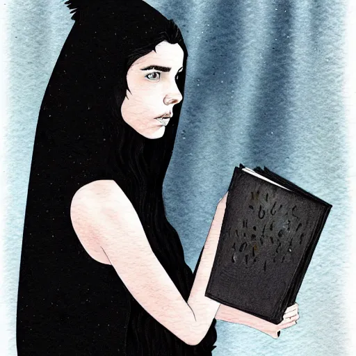 Image similar to full body detailed watercolor illustration of alien jennifer connelly mixed with anya taylor - joy, reading a book, unsettling, hooded long black feathered cloak, uncanny valley, with black feathers instead of hair, gothic, guillermo del toro, gray mottled skin, pale and sickly, profile view, - - ar 9 : 1 6