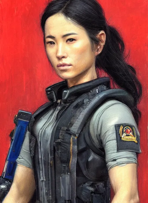 Prompt: Nikki tanaka. beautiful cyberpunk female USN marine wearing a military vest and activewear. (Cyberpunk 2077, bladerunner 2049). gorgeous face. Iranian orientalist portrait by john william waterhouse and Edwin Longsden Long and Theodore Ralli and Nasreddine Dinet, oil on canvas. Cinematic, hyper realism, realistic proportions, dramatic lighting, high detail 4k