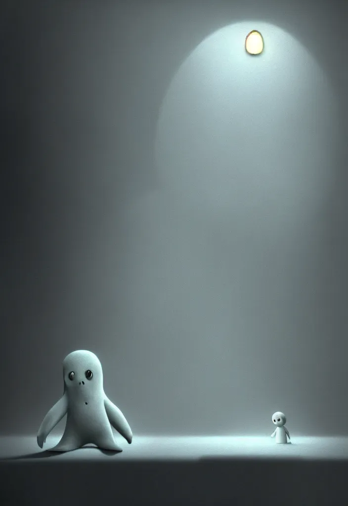 Image similar to depiction of the feeling of hopelessness, worthlessness, loneliness, of a friendly ( cute cartoon ) ghost. ambient occlusion, ray tracing render, 3 5 mm, italian horror film concept art, extremely atmospheric painting.
