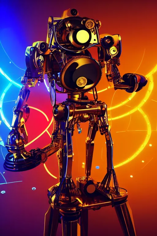 Prompt: portrait photo of a giant huge golden and blue metal humanoid steampunk robot singer with headphones and gears and tubes, in the foreground is a big red glowing microphone on a tripod, eyes are glowing red lightbulbs, shiny crisp finish, 3 d render, 8 k, insaneley detailed, fluorescent colors, background is multicolored lasershow