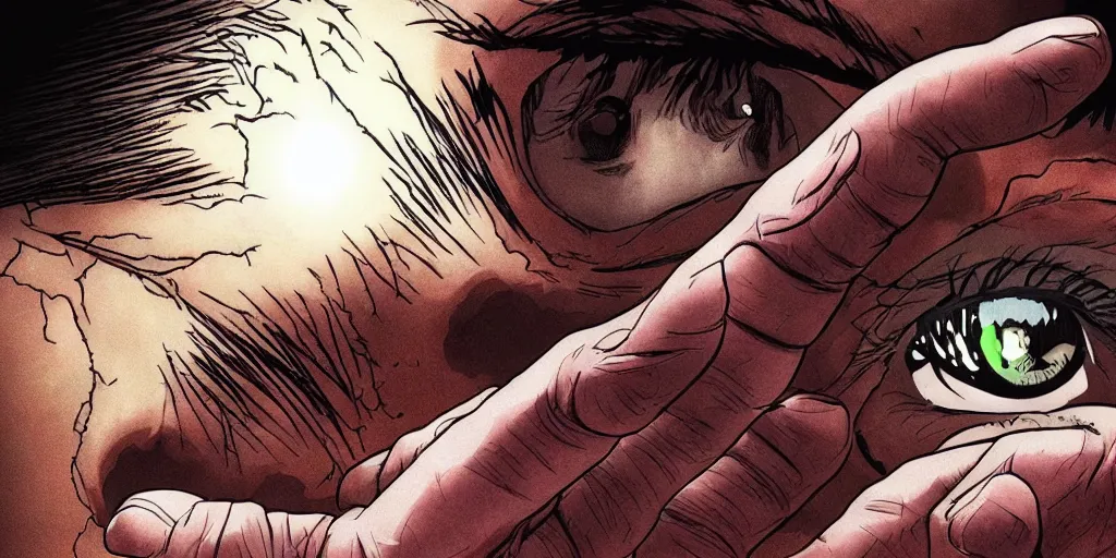 Image similar to a giant hand catches an eyeball, berserk, 4 k resolution, comic style ， by miura kentaro, ultra detailed,