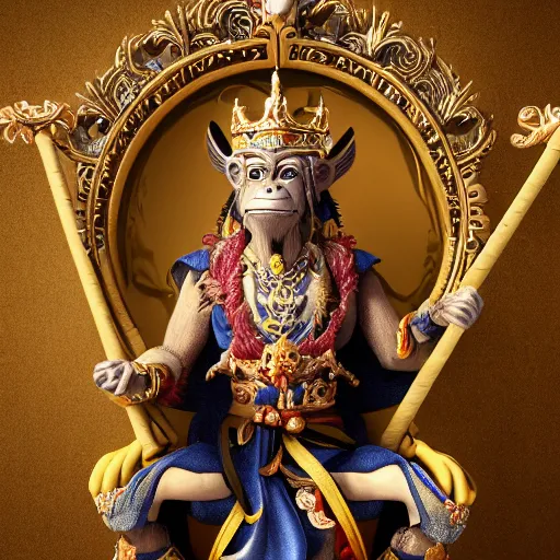 Image similar to monkey king godly lord of monkeys, wearing a crown, holding a staff, sitting in throne 8 k render high detail