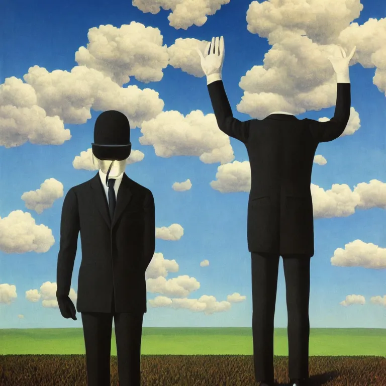 Image similar to portrait of a faceless chrome - head man in a suit and black gloves, clouds and nature landscape in the background, by rene magritte, detailed painting, distance, centered, hd, hq, high resolution, high detail, 4 k, 8 k