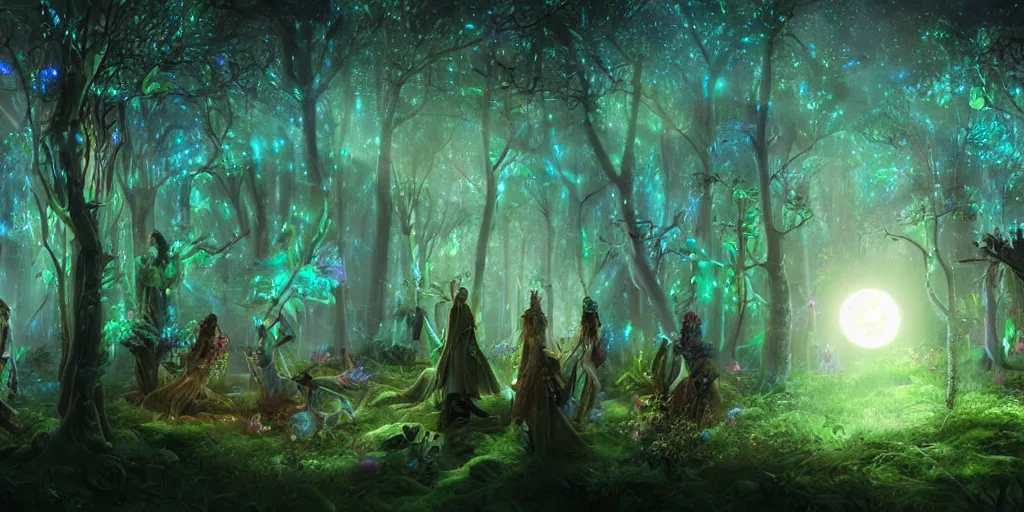 Prompt: a lively bioluminescent enchanted elven forest at night, whimsical, full moon, moonlit, wildlife, mystical beasts, cinematic lighting, trending on artstation and cgsociety