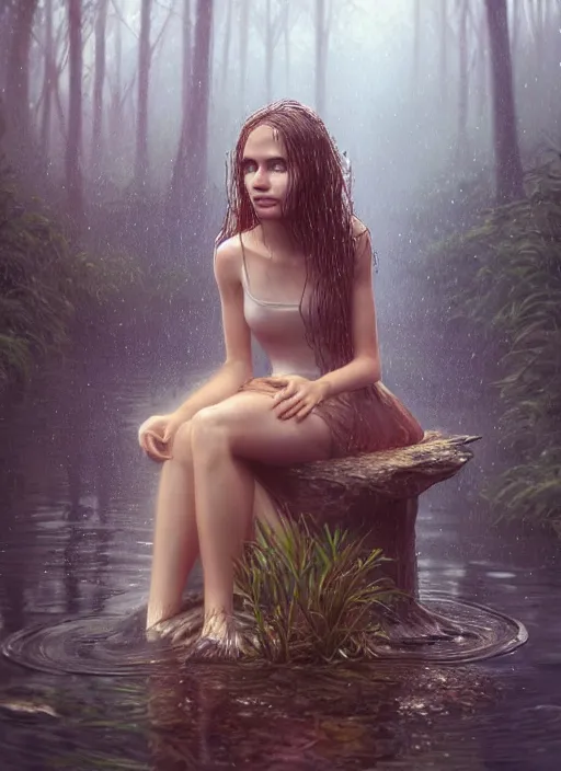 Image similar to young woman sitting : : wet hair and dress : : raining forest nature : : weta disney pixar movie still photo : : decadent highly - detailed digital painting, full length shot, golden ratio, octane render, artstation, smooth, sharp focus, artgerm, mucha, loish, wlop, gogo