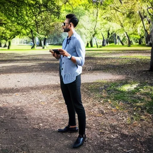 Image similar to 3 0 year old stylish man using smartphone outdoors in the park realistic image, 4 k 3 0 mm photography, stock image