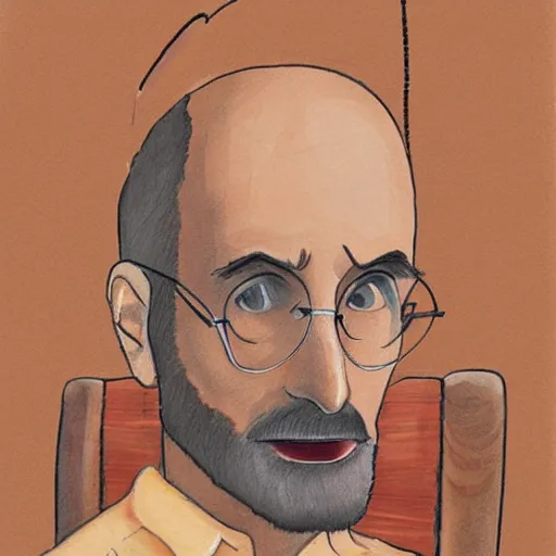 Prompt: a man who looks similar to steve jobs smoking tea leaves in a brown mahogany wood pipe, sitting in a rocking chair, legs crossed, looking directly at the viewer, art by rupi kaur