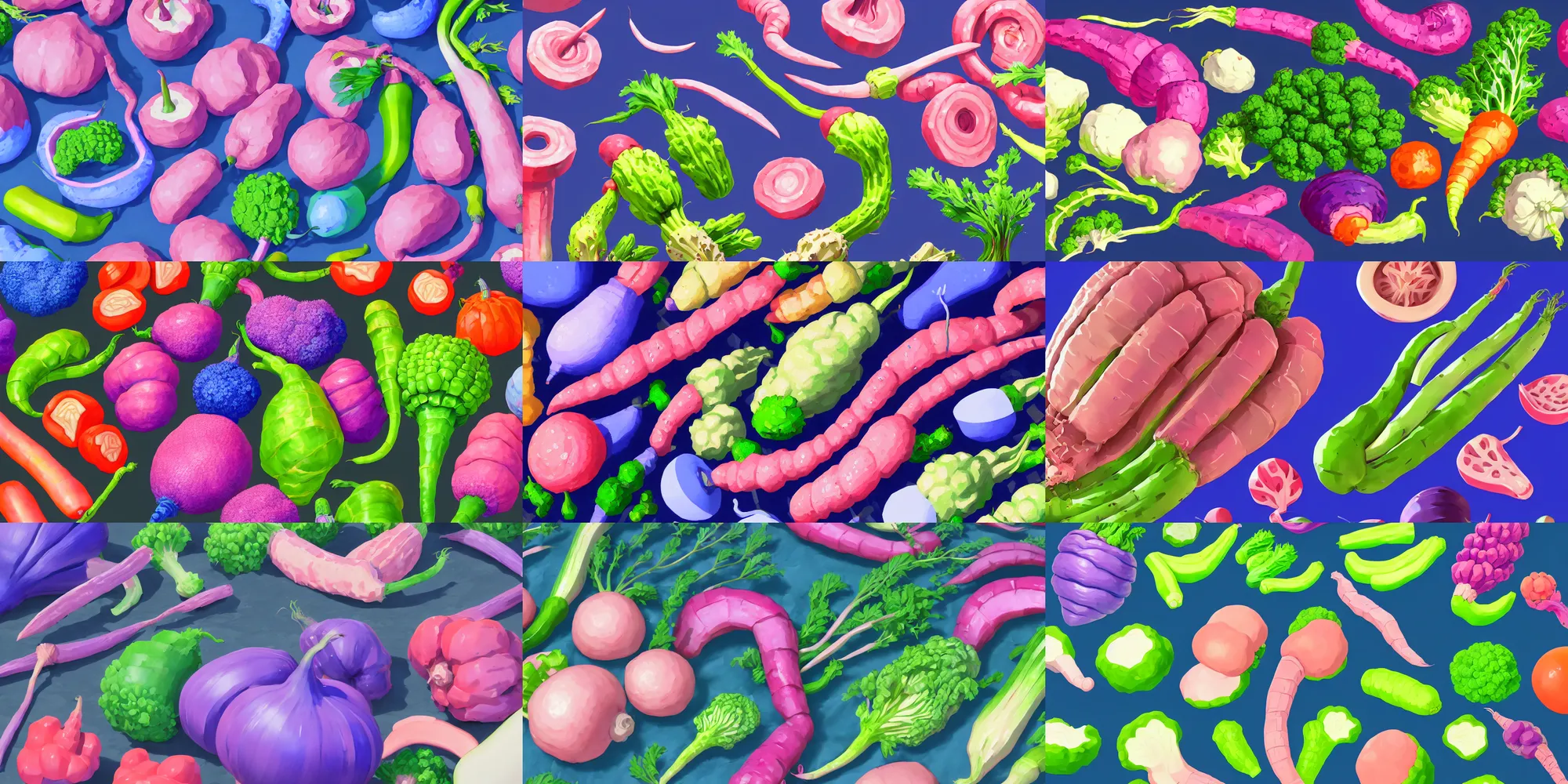 Prompt: game asset of close up of japanese vegetable, in gouache detailed paintings, props, stylized, 2 d sprites, kitbash, arcane, overwatch, blue and pink color scheme, 8 k, close up