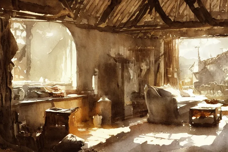 Image similar to abstract watercolor painting of hedonic scandinavian king house interior, in stone, straw roof, war lord, magical and traditional, crisp daylight, sharp shadows, cinematic light, national romanticism by anders zorn, by greg rutkowski, by greg manchess