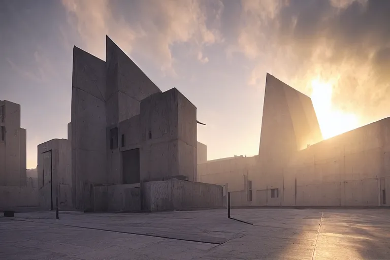 Image similar to an extremely detailed cathedral of brutalist architecture, stunning volumetric light, sunset, metal, concrete and translucent material, stunning skied, 8k, by Greg Rutkowski