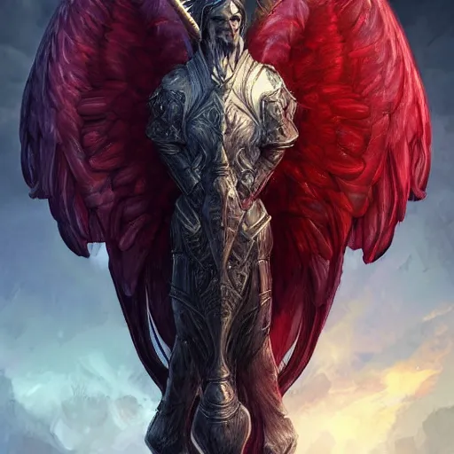 Image similar to man - unicorn hybrid red angel - wings, stunning, thick armor that covers everything, shocked very wide open eyes very open eyes, realistic, symmetric portrait, face, intricate, very detailed, fantasy digital art, trending in artstation, marc simonetti