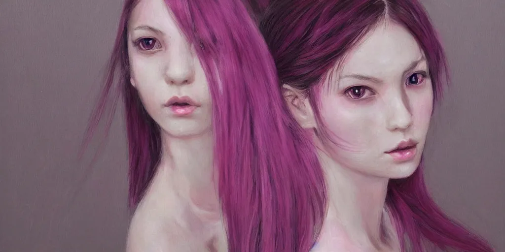 Image similar to A portrait of a girl, white skin, turquaz eyes puppil, symetrical face structure, Wlop painting style, Long magenta haire, Ross Draws, Peter Xiao