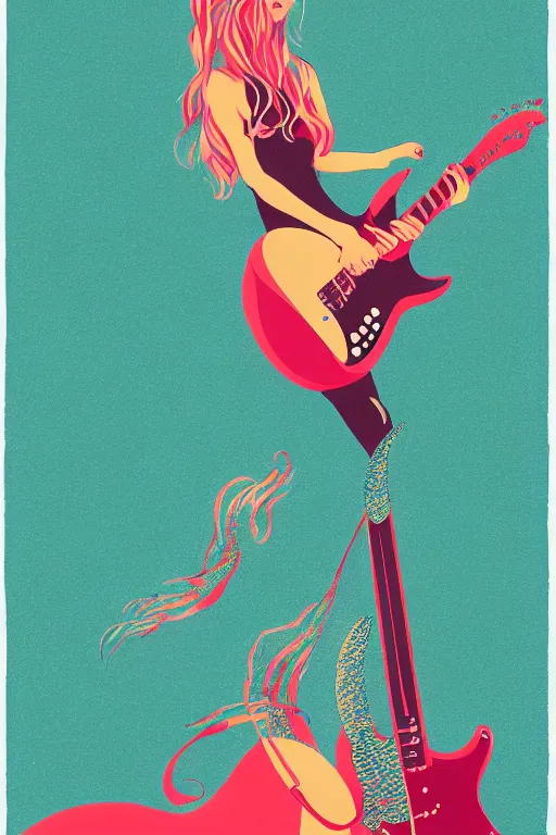 Prompt: illustration of a mermaid playing an stratocaster electric guitar, 3 colour screen print