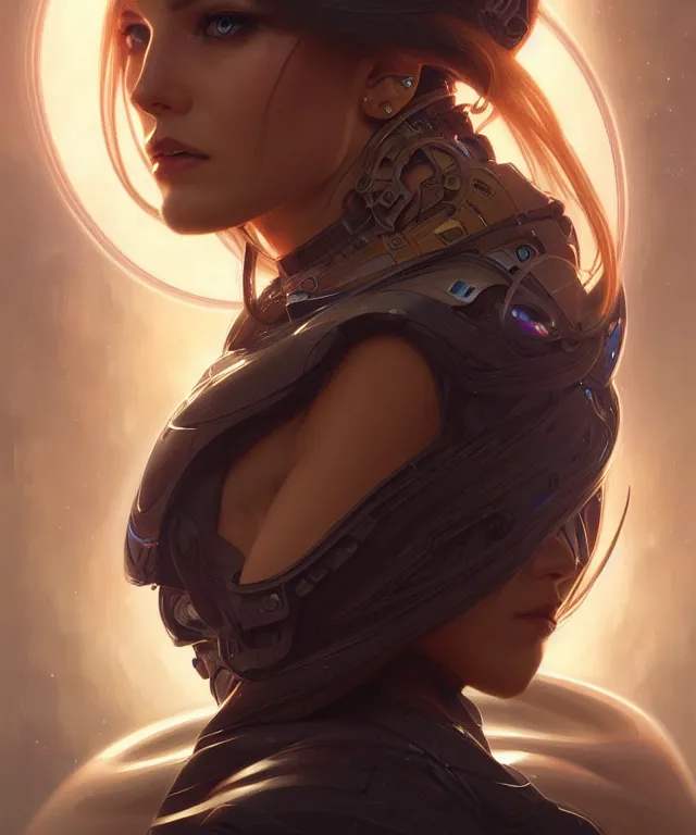 Image similar to futuristic woman portrait, sci - fi, amber eyes, face, long hair, fantasy, intricate, elegant, highly detailed, digital painting, artstation, concept art, smooth, sharp focus, illustration, art by artgerm and greg rutkowski and alphonse mucha