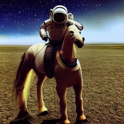 Image similar to “ an dappled horse riding a horse in astronaut suit above venus cloud ”