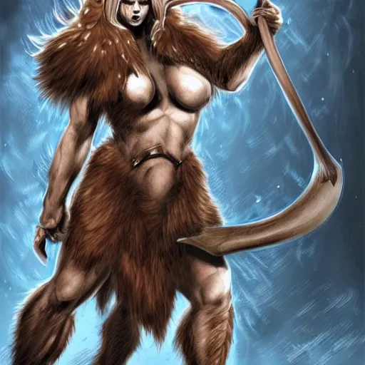 Prompt: comic book art, female Minotaur warrior, brown fur, white spots, fantasy concept art