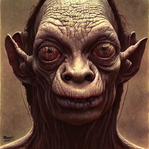 Prompt: gollum smeagol grotesque, ultra detailed, ultra realistic, by beksinski