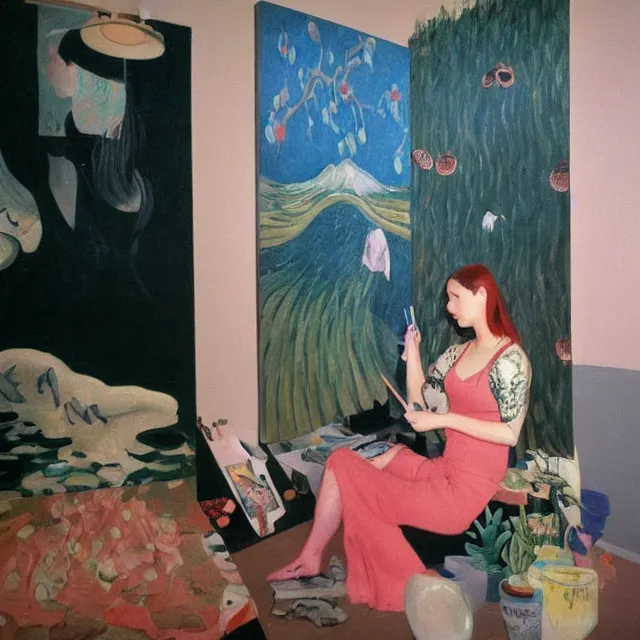 Image similar to female emo art student in her apartment, painting of flood waters inside an artist's feminine bedroom, a river flooding indoors, pomegranates, pigs, ikebana, water, octopus, river, rapids, waterfall, black swans, canoe, berries, acrylic on canvas, surrealist, by magritte and monet