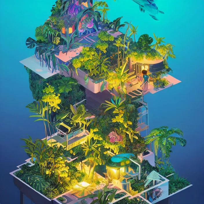 Image similar to a luminescent tropical cottage by paolo eleuteri serpieri and tomer hanuka and chesley bonestell and daniel merriam and tomokazu matsuyama, unreal engine, high resolution render, featured on artstation, octane, 8 k, highly intricate details, vivid colors, vector illustration