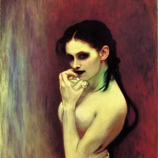 Prompt: A beautiful painting of a lady vampire, victorian, dracula, ominous, oil on canvas, photorealism, edvard munch, alphonse mucha, Johann Heinrich Füssli, irwin penn, high definition, soft light