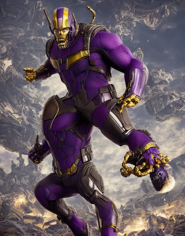 Image similar to Thanos eating Ant Man, hyper realism, high detail, octane render, 8k, depth of field