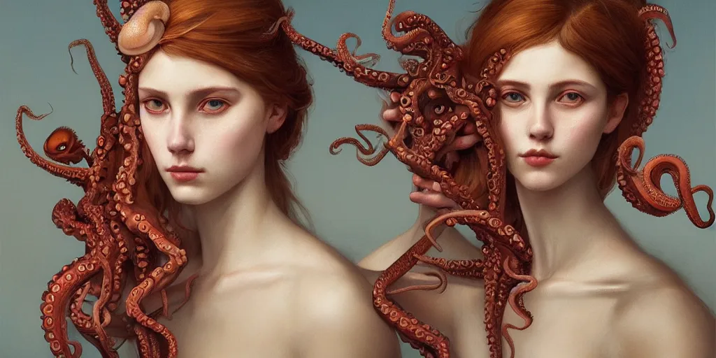Image similar to An incredible detailed portrait of a young woman and an octopus, in the style of pre-Raphaelite, by Goro Fujita, Tom Bagshaw, trending on Artstation, 8k, masterpiece, fine detail, full of color, intricate detail