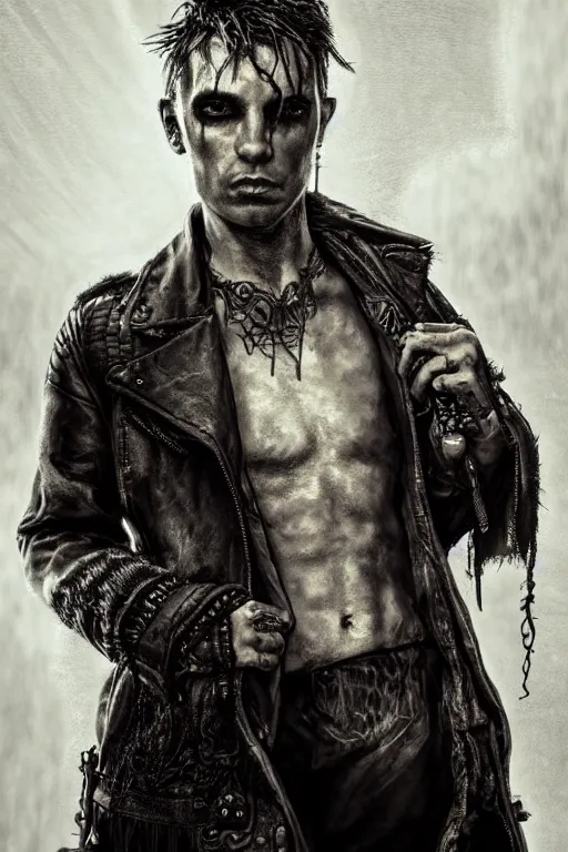 Prompt: a rough looking young man, shaved head, gothic, tattered leather coat, intricate, elegant, dramatic lighting, rugged face, highly detailed, lifelike, photorealistic, digital painting, artstation, illustration, concept art, smooth, sharp focus, art by John Collier and Albert Aublet and Krenz Cushart and Artem Demura and Alphonse Mucha