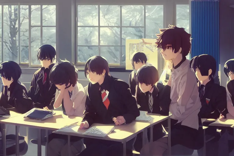 boy's love anime modern high school classroom in, Stable Diffusion