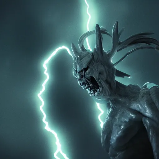 Image similar to a lightning demon, 8 k, shallow depth of field, moody lighting, ultra high detail, concept art,