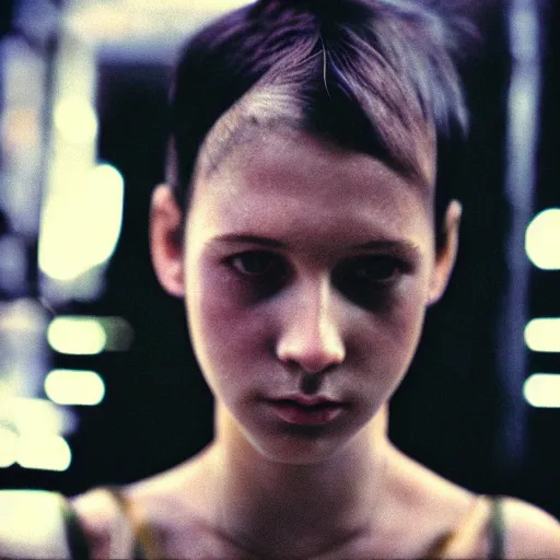 Prompt: film still, 5 0 mm, a masterpiece portrait photo of a girl ; biotech, cyberpunk, blade runner, cyborg ; grainy, withered, worn, photograph