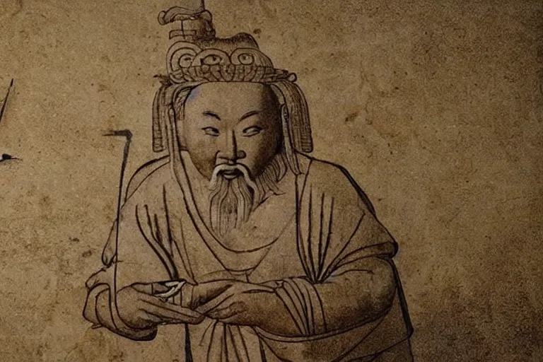 Prompt: still photo of a 2 nd century bc chinese man inventing the compass, highly detailed, photorealistic shot, bright studio setting, studio lighting, crisp quality and light reflections, unreal engine 5 quality render