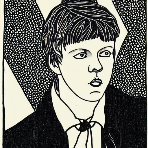 Prompt: Yung Lean, portrait, b&w, woodblock print, by Aubrey Beardsley