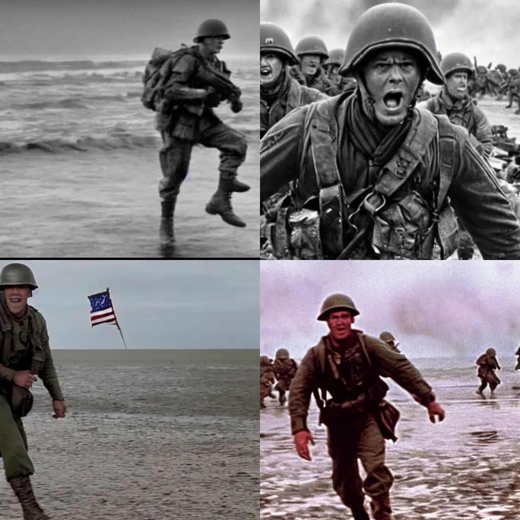 Prompt: film still from Saving Private Ryan of Thanos storming Normandy beach as a ww2 soldier