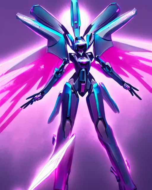 Prompt: uncropped iridescent feminine mecha ( with futuristic jet armor and wings ) with a heart visor helmet, symphogear, full body character portrait, hi - tech, trending on artstation, hot pink armor, digital painting, concept art, sharp focus, illustration, art by wlop and greg rutkowski