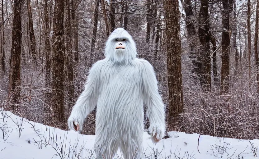 Image similar to hyperrealistic photograph of a yeti with glowing red eyes full body in snow covered woods