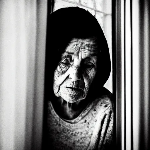 Image similar to black and white photograph portrait of a depressed beautiful old woman standing by the window, natural light, lomo, fashion photography, film grain, soft vignette, sigma 85mm f/1.4 1/10 sec shutter