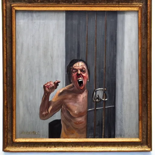 Image similar to a screaming prisoner holding prison bars, realism old painting, oil painting