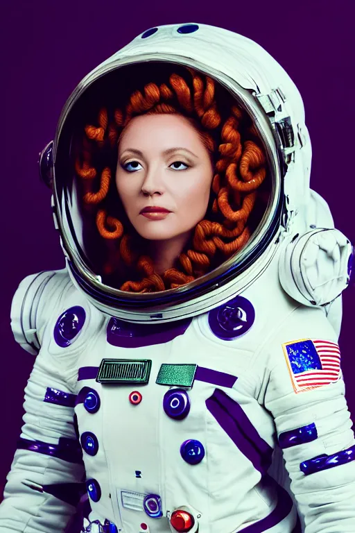 Image similar to full - length portrait of medusa gorgon in a space suit, fashion color studio lighting, 3 5 mm, close - up