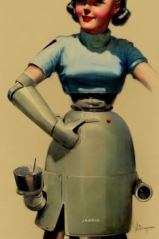 Prompt: ( ( ( ( ( 1 9 5 0 s retro future robot android waitress. muted colors. ) ) ) ) ) by jean - baptiste monge!!!!!!!!!!!!!!!!!!!!!!!!!!!!!!