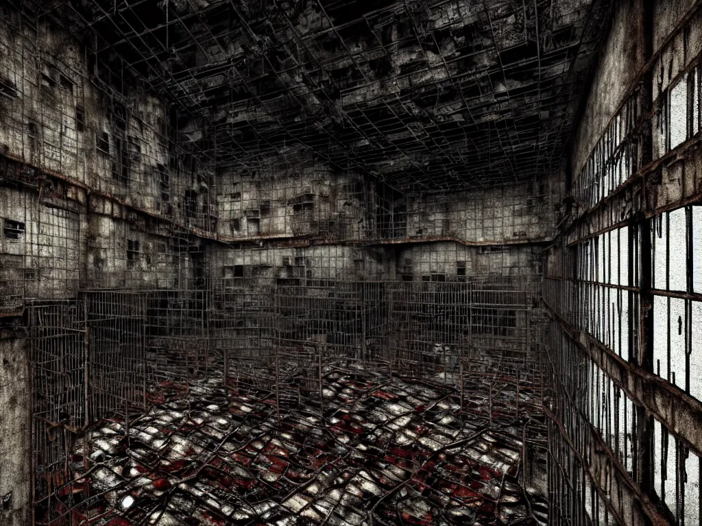 Prompt: An giant underground very gloomy multi-layered structure of rusty thick iron grids, dense chain-link fencing and peeling walls with multiple floors. In the center sits a creepy humanoid with very long limbs. Inside view, collapsed floors, bent rusted iron, masterpiece, macabre, black background, layers, corners, cinematic, hyperdetailed, photorealistic, hyperrealism, octane render, 8k, depth of field, bokeh, architecture, shadows, art by Zdzisław Beksiński, Arthur Rackham, Dariusz Zawadzki