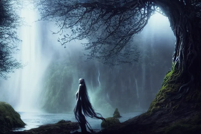 Prompt: an ultra realistic, cinematic, fantasy, headshot portrait, of an elden ring elf, fairy lights, facial features, background of a vast serene landscape, with trees and waterfalls, detailed, deep focus, movie still, dramatic lighting, ray tracing, by michal karcz and yoshitaka amano