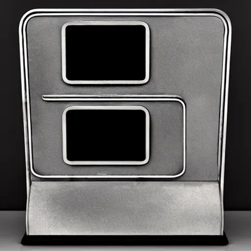 Image similar to an old, filthy, broken, 1960s-era, retro device, made of brushed steel, for displaying recipes, digital pong screen, set on a kitchen counter, dramatic constrasting light, redshift render, but as high contrast photography, featured on behance, golden ratio, f32, well composed, cohesive, from the show X-Files